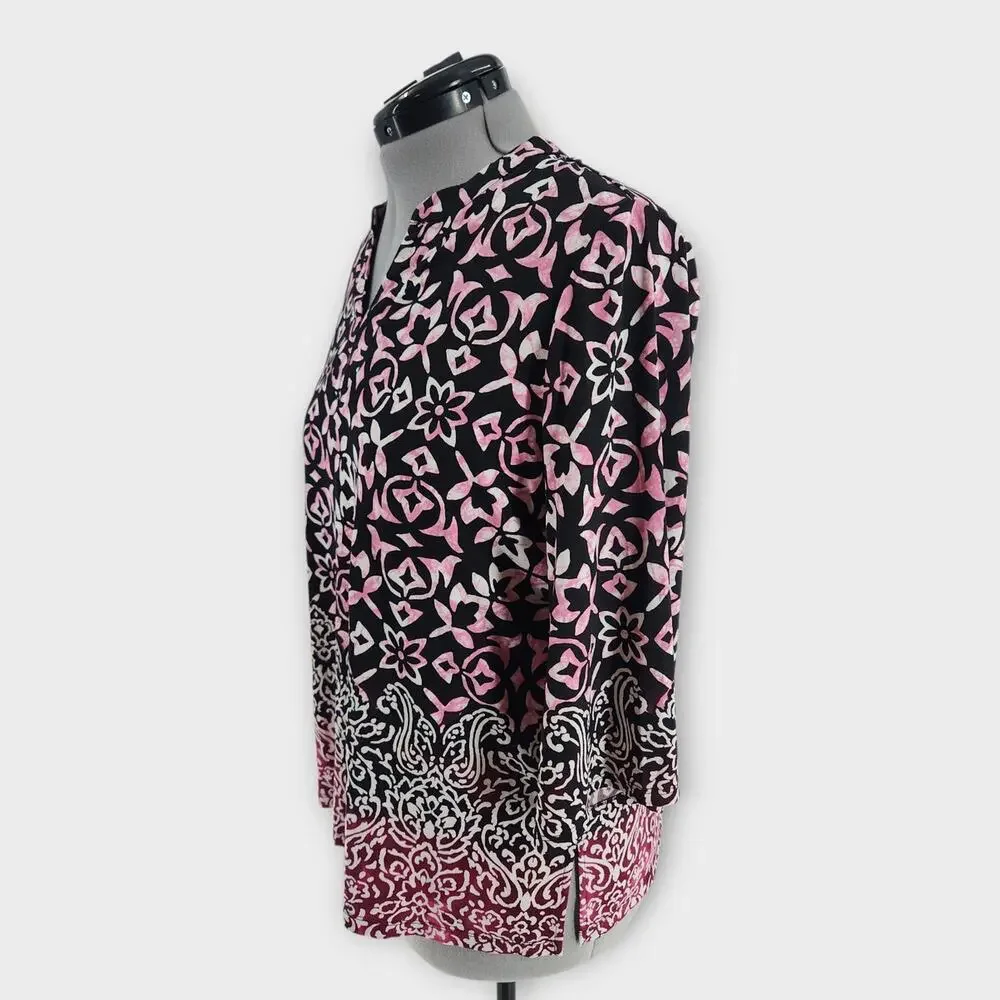 Susan Graver Blouse Women's LP 3/4 Sleeve V-Neck Stretch Floral Design Slinky - Picture 2 of 7